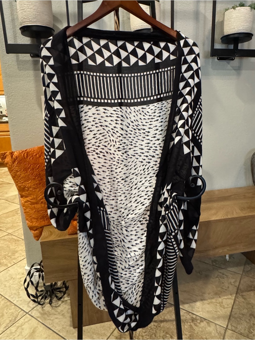 Black & White Geometric Open-Front Cape Coat